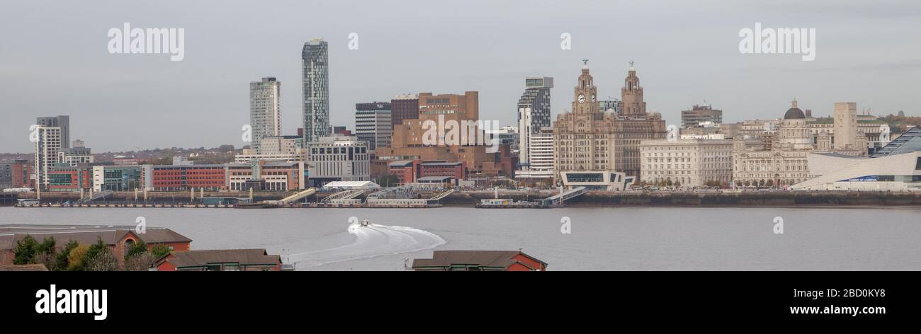 View of Liverpool waterfront and Birkenhead from St Mary's Tower at Birkenhead Priory on the Wirral Stock Photo