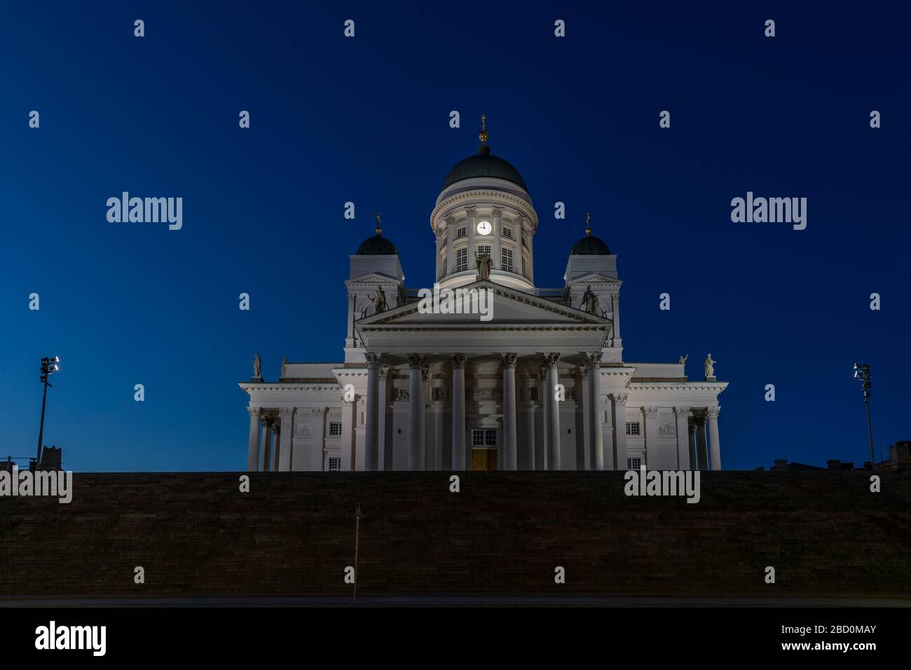 Helsinki Cathedral is a major landmark of Finnish capital. Normally it's crowded by tourists but due to coronavirus pandemic now empty. Stock Photo