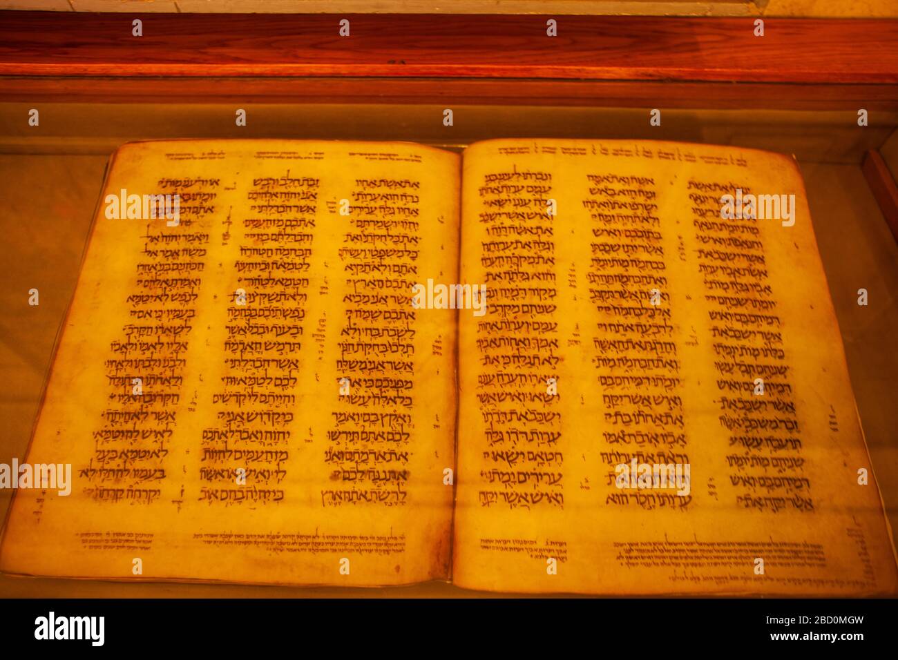 The Damascus Pentateuch (Keter Dameseq or Crown of Damascus) is a 10th-century Hebrew Bible codex, consisting of the almost complete Pentateuch, the Five Books of Moses. On display at the National Library of Israel [Jewish National and University Library], Jerusalem Stock Photo