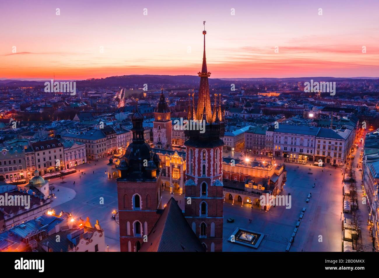 Basilica at Krakow old town city square at twilight drone view Stock Photo