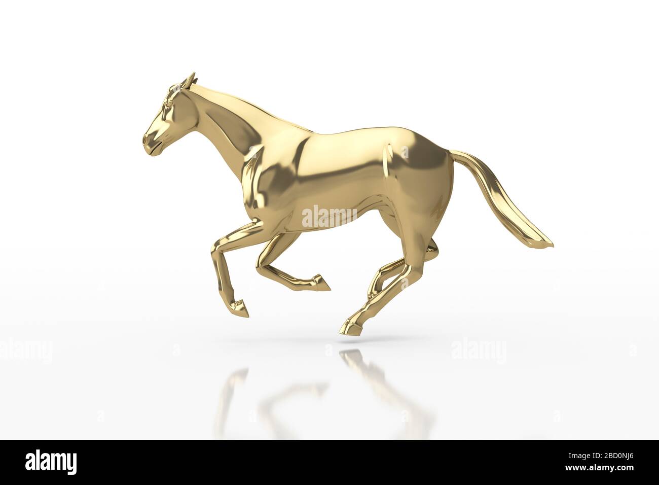 3D Illustration. Glossy gold Strong horse in Elegant running Pose, Isolated on white background. Business Strategy planning and leadership Concept. Stock Photo