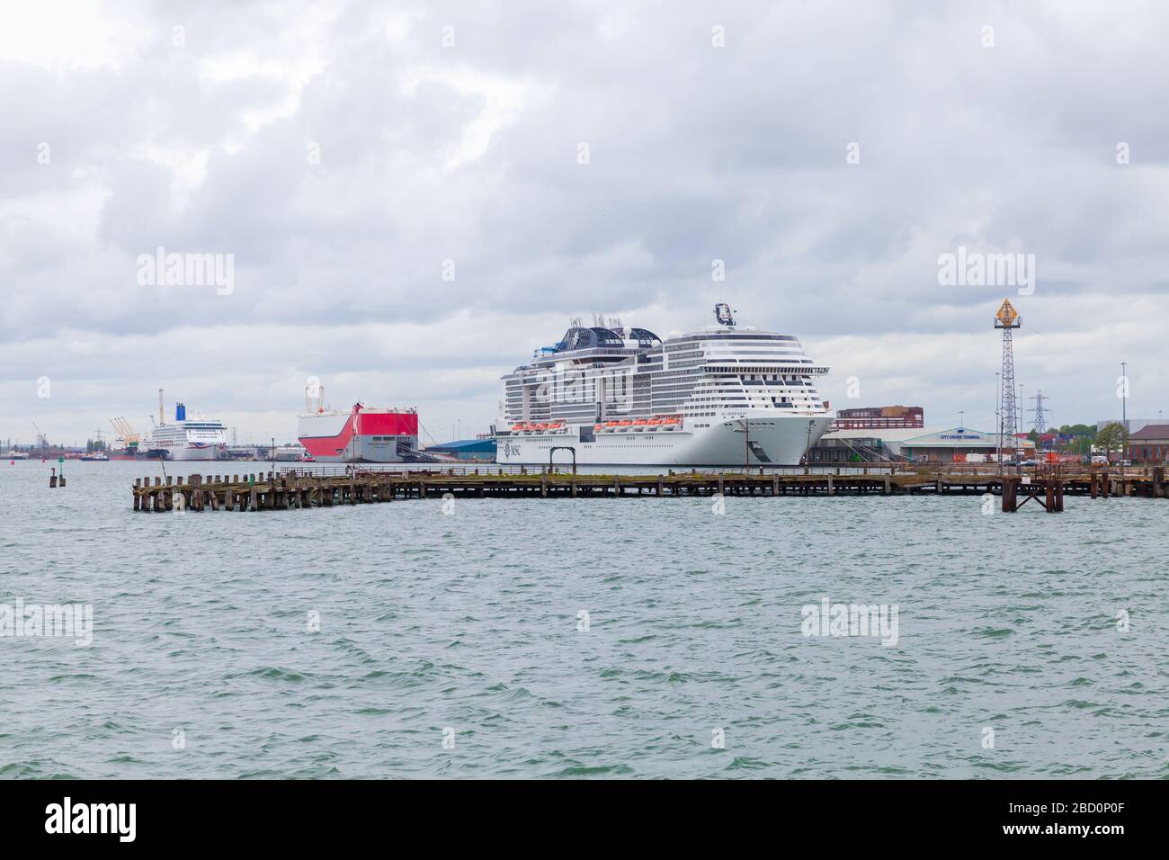 Southampton, United Kingdom - April 24, 2019: Passenger cruise ship MSC Meraviglia is moored in the port of Southampton. This cruise ship owned and op Stock Photo