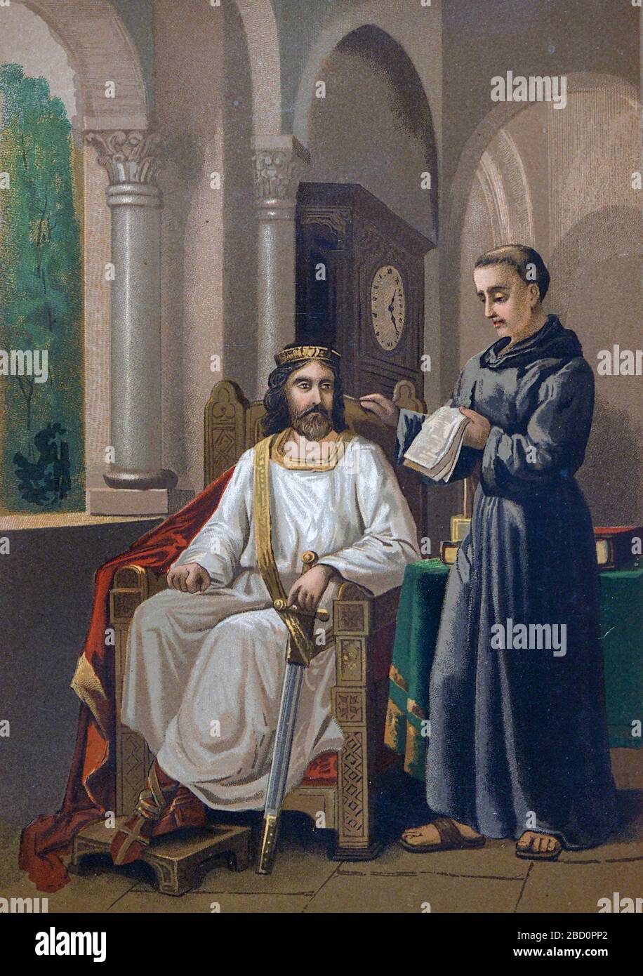 Charlemagne and Alcuin (Alcuin of York) [here as Carlomagno and Alcuino]. Illustration for La Ciencia Y Sus Hombres by Luis Figuier (D Jaime Seix, 1876). Large chromolithograph. Stock Photo