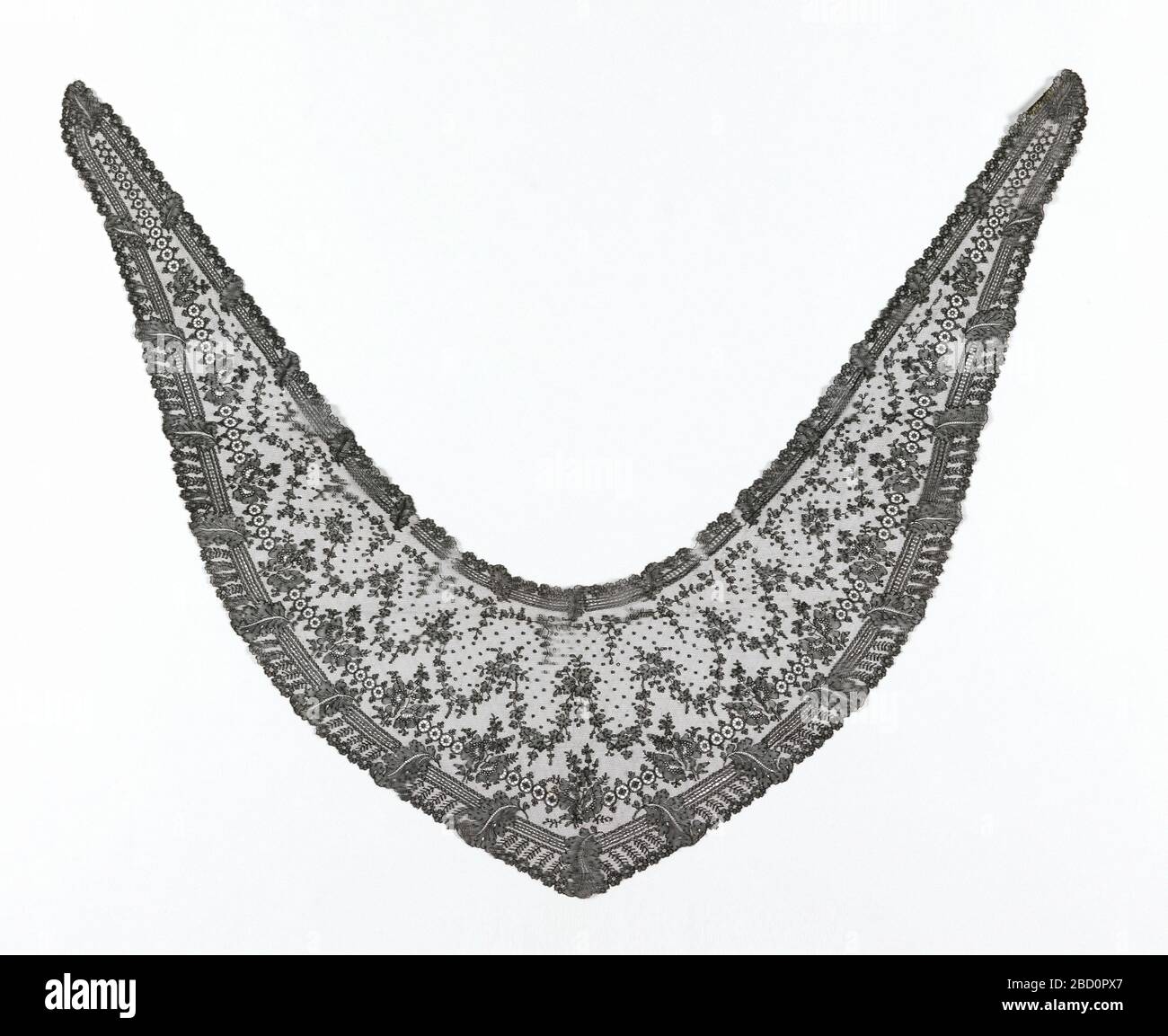 Head scarf. Research in ProgressShaped head scarf in black Chantilly lace showing pattern of garlands of floral sprays. Scarf outlined along edges by border motif of straight lines and repeated floral spray. Head scarf Stock Photo