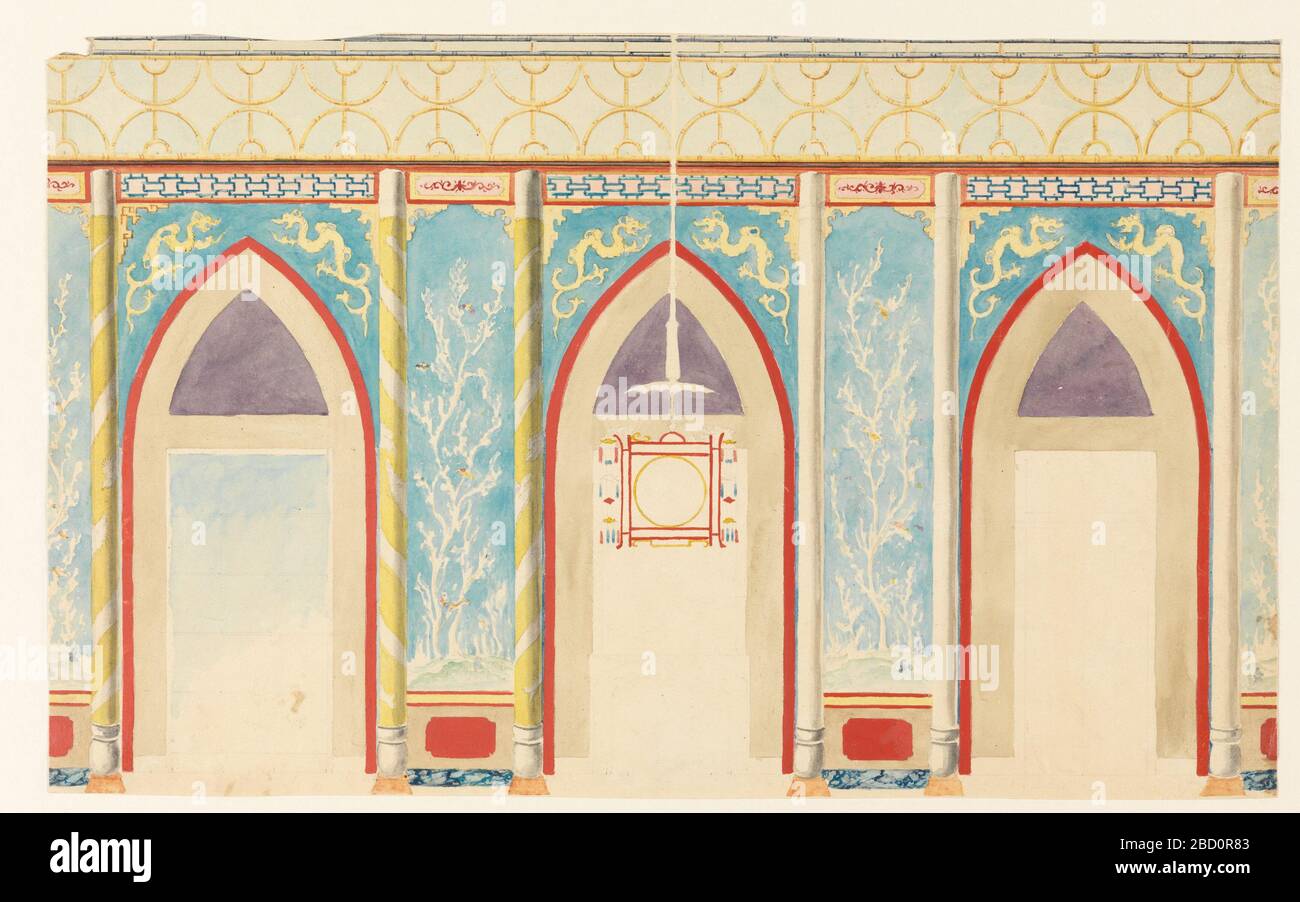 Royal Pavilion Brighton Design for Chimney wall with 3 gothic arches and  Chinese lantern. Research in ProgressHorizontal rectangle. Elevation of a  wall, with the three divisions of window (left), fireplace (center), and