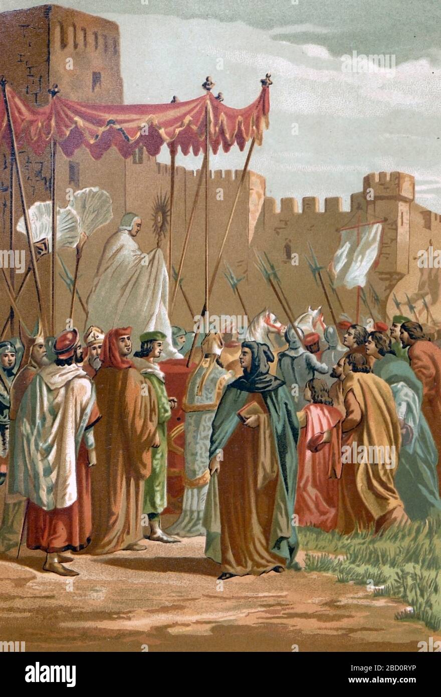 Encounter of Petrarch and Guy de Chauliac outside the castle of the Popes in Avignon. Francesco Petrarca (July 20, 1304 - July 19, 1374), commonly anglicized as Petrarch, was an Italian scholar and poet in Renaissance Italy, and one of the earliest humanists. He is often called the 'Father of Humanism'. His sonnets were admired and imitated throughout Europe during the Renaissance and became a model for lyrical poetry. He traveled widely in Europe and served as an ambassador and has been called 'the first tourist' because he traveled just for pleasure. Guy de Chauliac (1300 - July 25, 1368), w Stock Photo