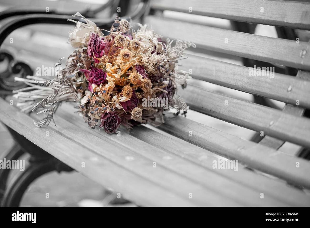 Dried Flower Bouquet, Park Bench Stock Photo