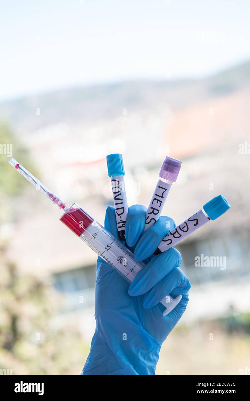 Injection syringe with blood and test at covid-19, Sars and Mers. Stock Photo