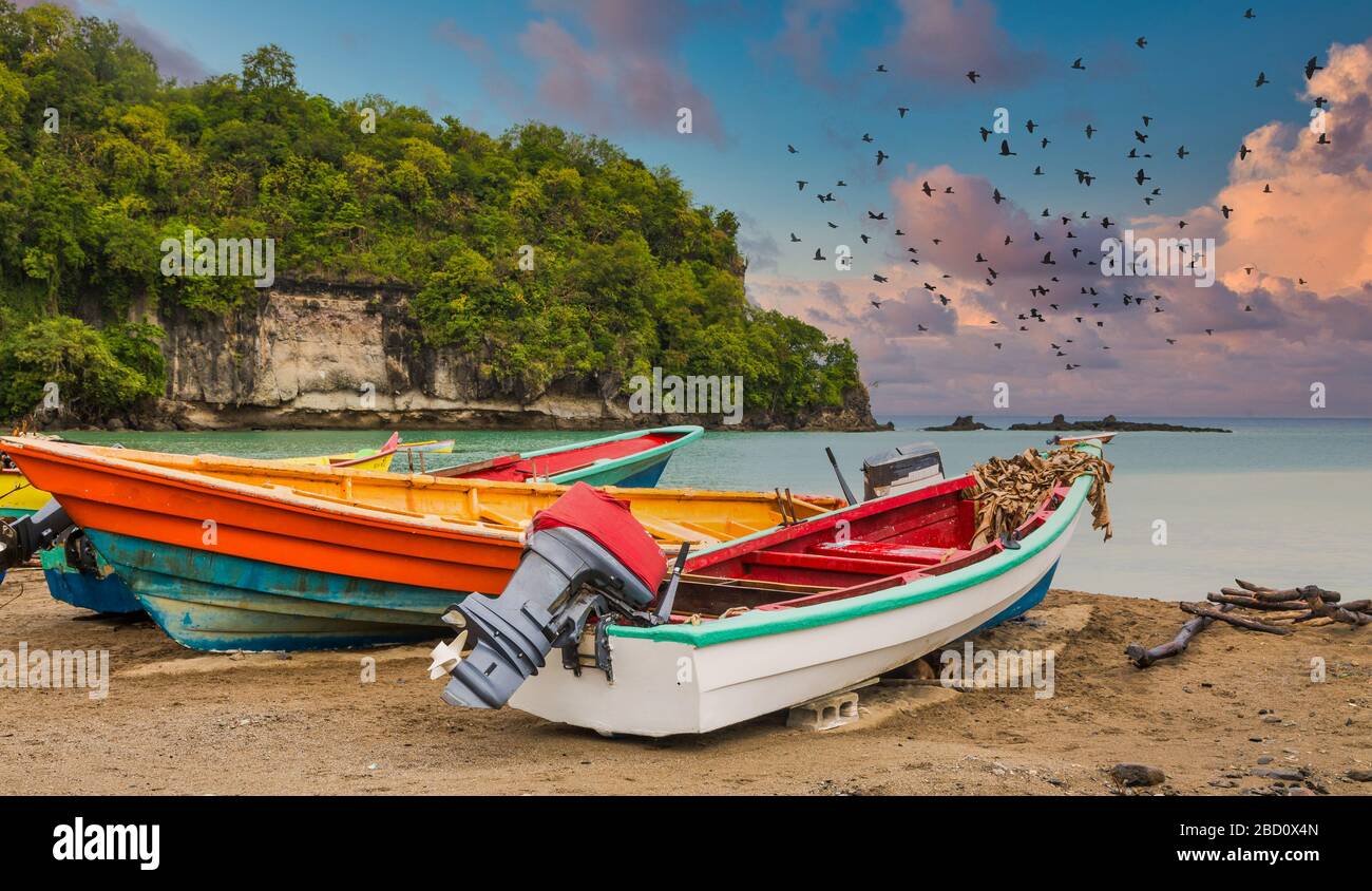 Colorful Fishing Boats on St Lucia Beach at Dusk with flock of birds Stock Photo