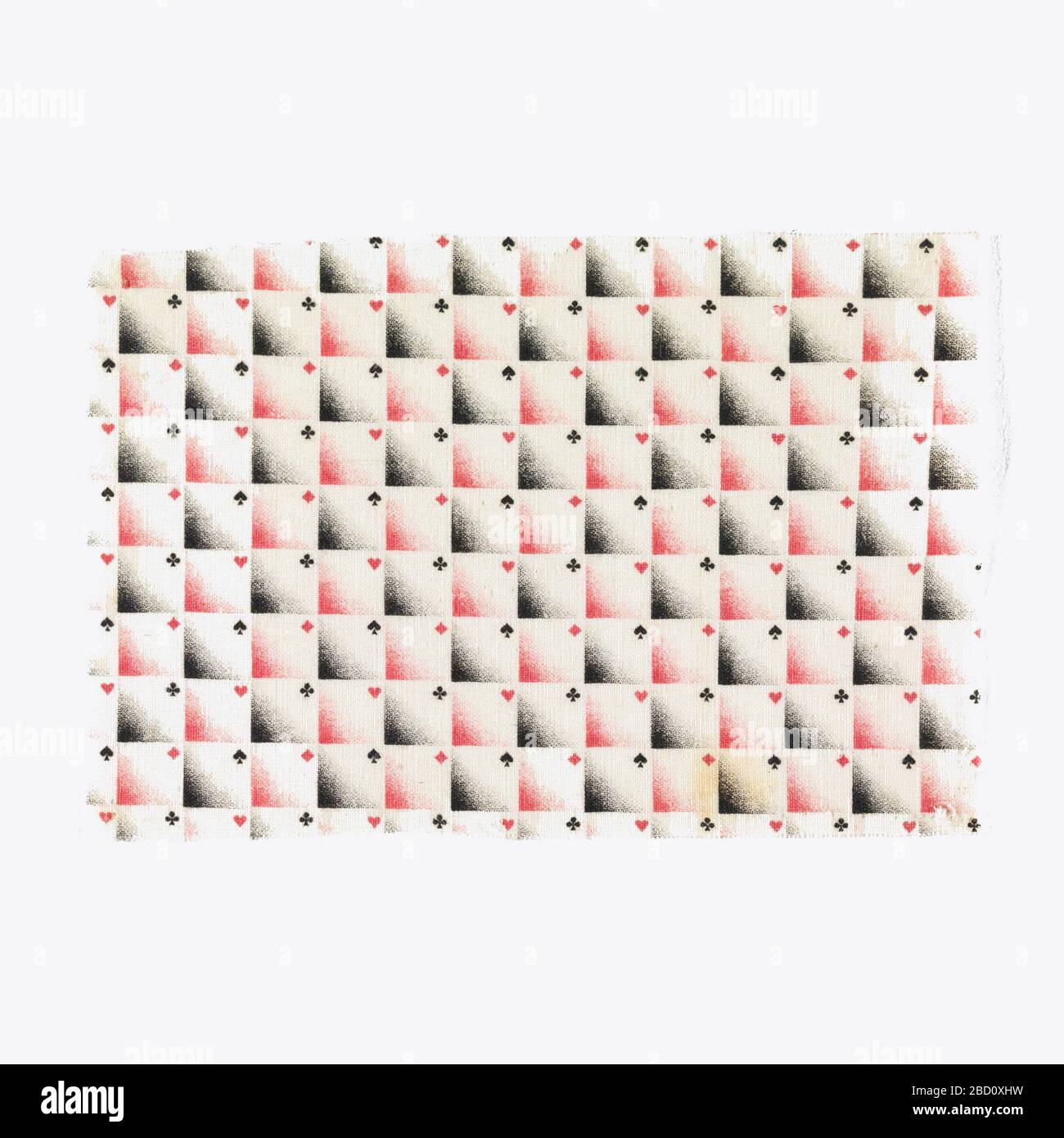 Sample. Research in ProgressWoven cotton textile printed in black and red on white ground showing a checkerboard pattern; in each square an ombre of red or black fills the lower left corner, and the upper right corner contains a card suit (spades, clubs, diamonds, hearts). Sample Stock Photo