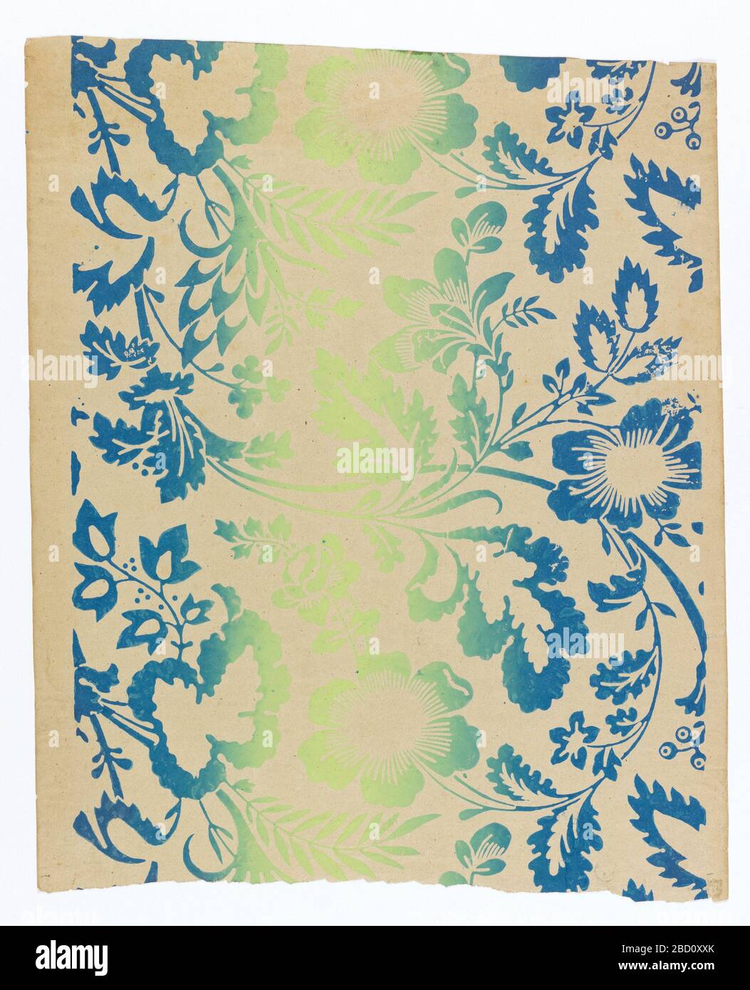 Sidewall. Irise or rainbow paper. Full width of paper giving repeat of large-scale arabesque of flowers and foliage in graded color, ranging from blue along edges to green down center. Sidewall Stock Photo