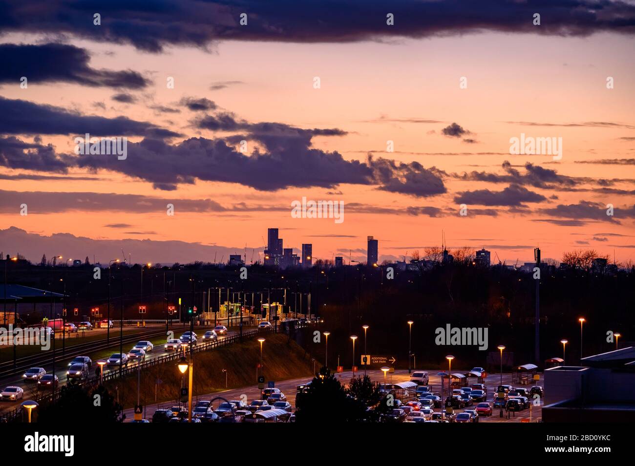 Manchester skyline at dusk from Ikea, Ashton Stock Photo Alamy