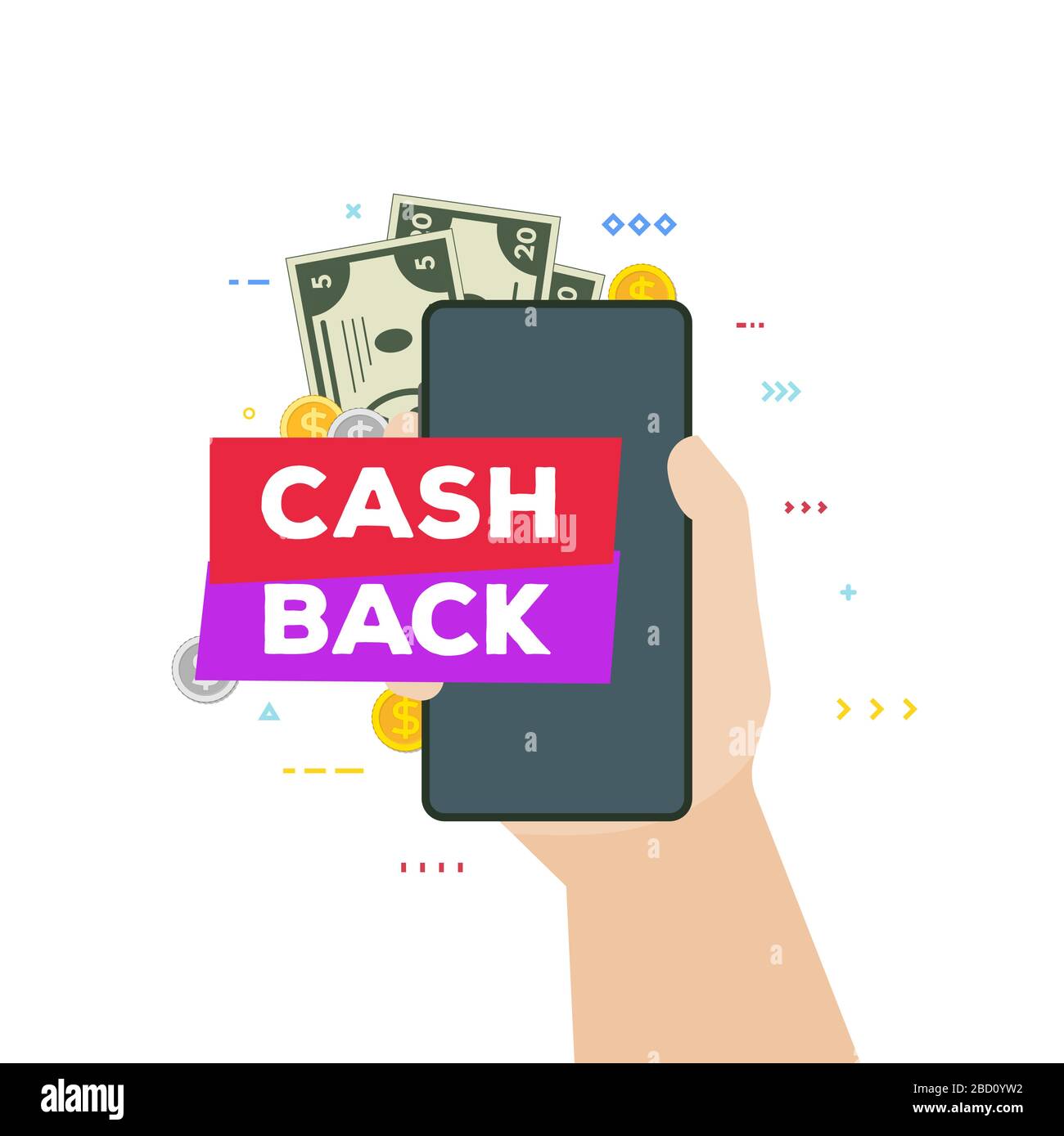 Hand and phone with cash back banner Stock Vector