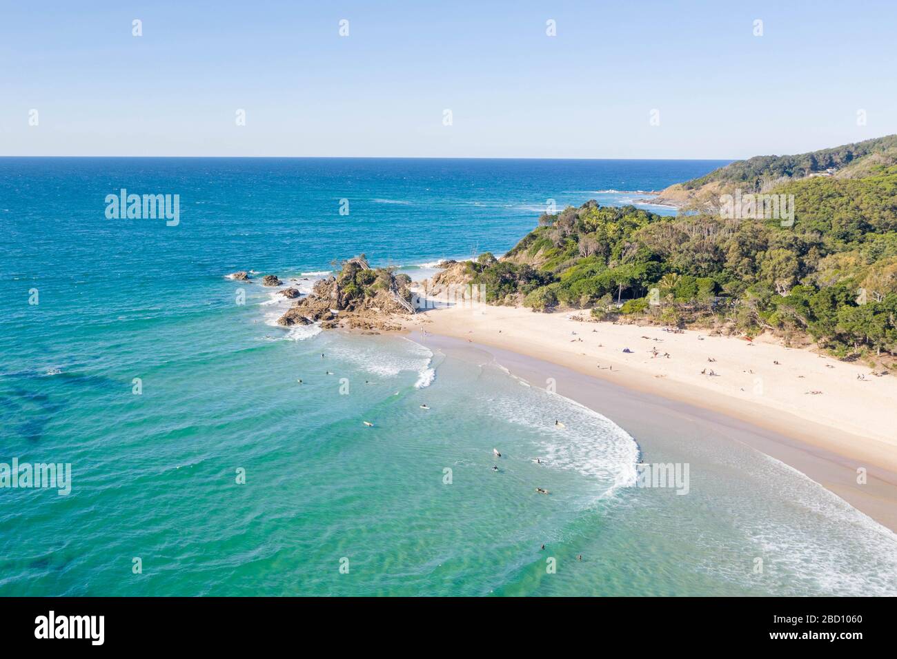 (EDITOR NOTE: Photo taken with a drone)A view of a busy beach at Byron Bay. New South Wales and Queensland cities decide to shutdown beaches. Australian authorities are taking actions to reduce crowded places including beaches to stop the spread of Covid-19. Stock Photo