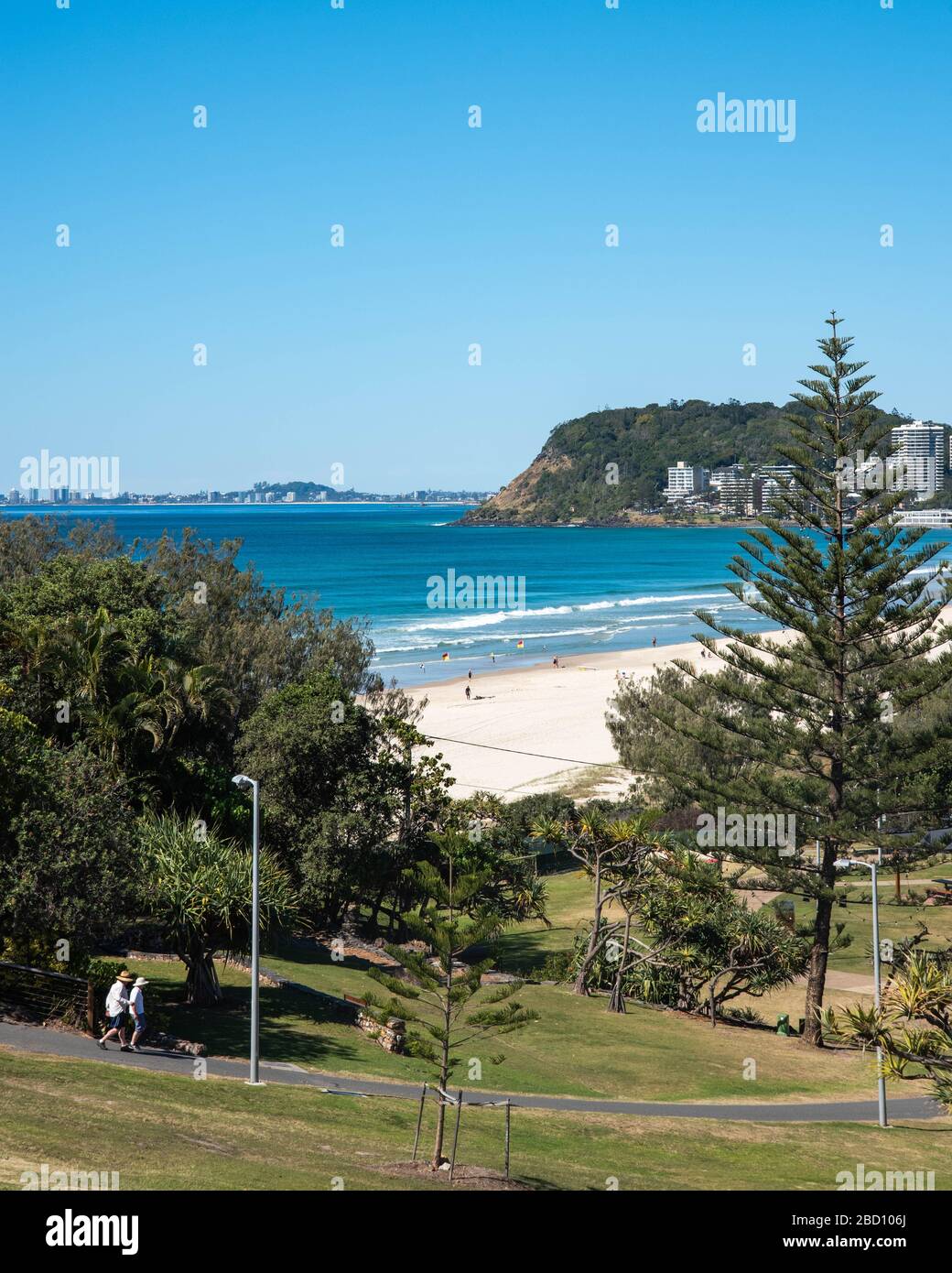 A view of a quiet Burleigh Heads and beach.New South Wales and Queensland cities decide to shutdown beaches. Australian authorities are taking actions to reduce crowded places including beaches to stop the spread of Covid-19. Stock Photo