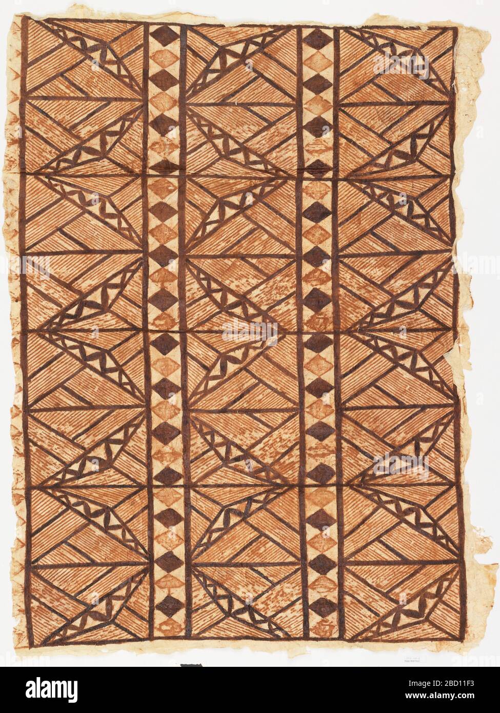Bark cloth. Research in ProgressLarge panel of tapa cloth. Thick white fabric made from beaten bark, painted in rust and brown in design of three rows of rectangles enclosing striated angular forms. Rows are divided by stripes of diamond pattern. Bark cloth Stock Photo