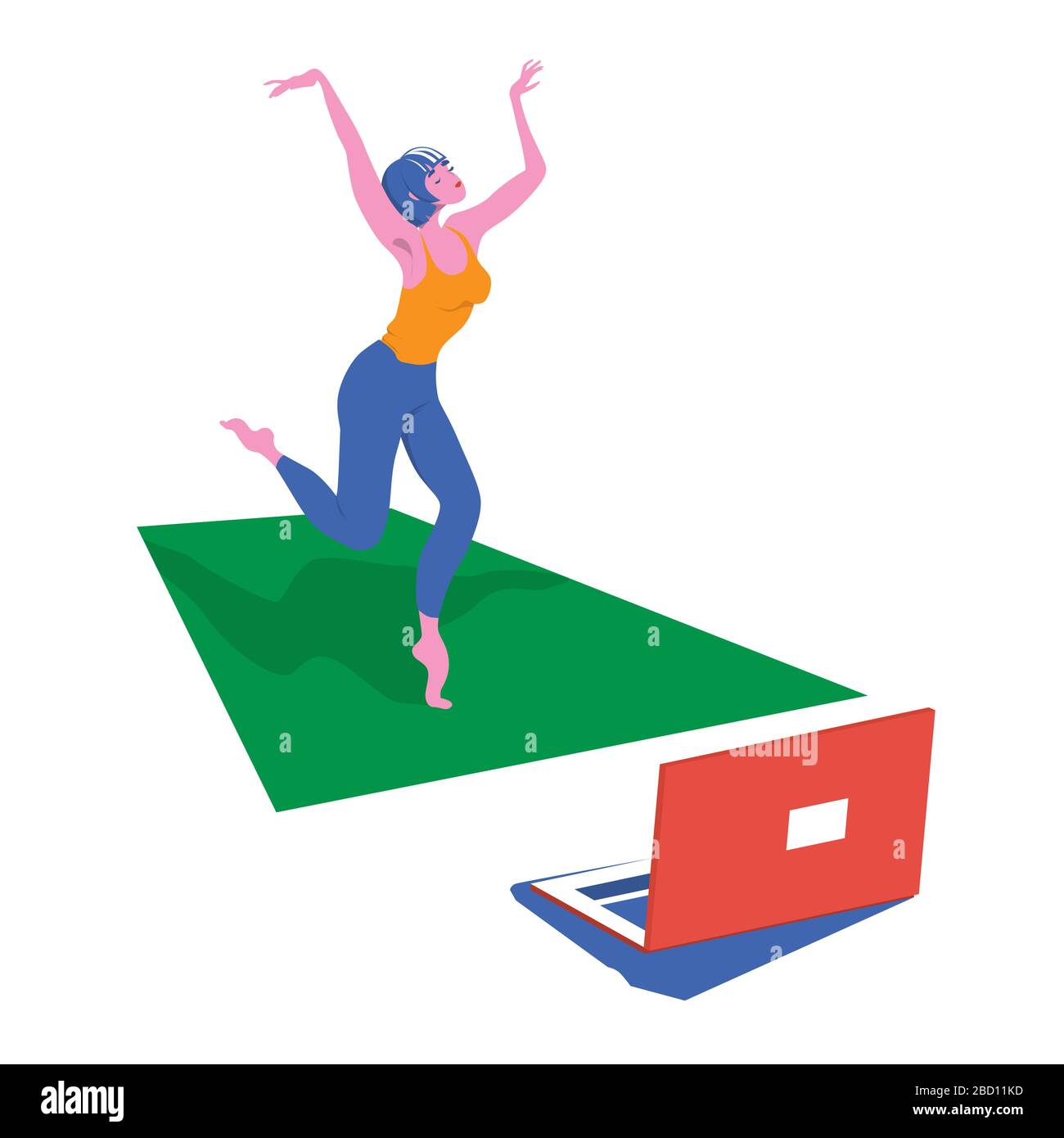 The girl is passionately involved in dancing, fitness training online during the quarantine of the COVID-19 epidemic. Cute character flat design vecto Stock Vector