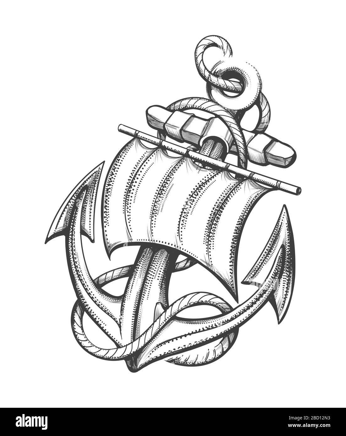 Ship Anchor with Sail and Ropes Tattoo drawn in Engraving Style. Vector ...