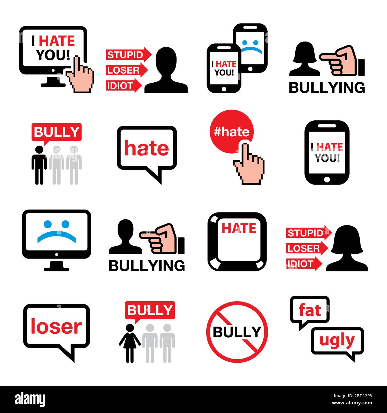 Cyberbullying, bullying online other people vector icons set Stock Vector