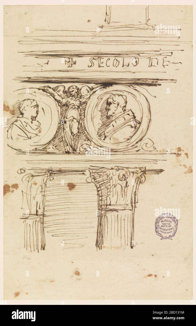 Design for an Entablature. Research in ProgressArchitectural details. Capitols of two Corinthian columns and section of freize on which two busts apear in profile, encircled with a female figure between. Design for an Entablature Stock Photo
