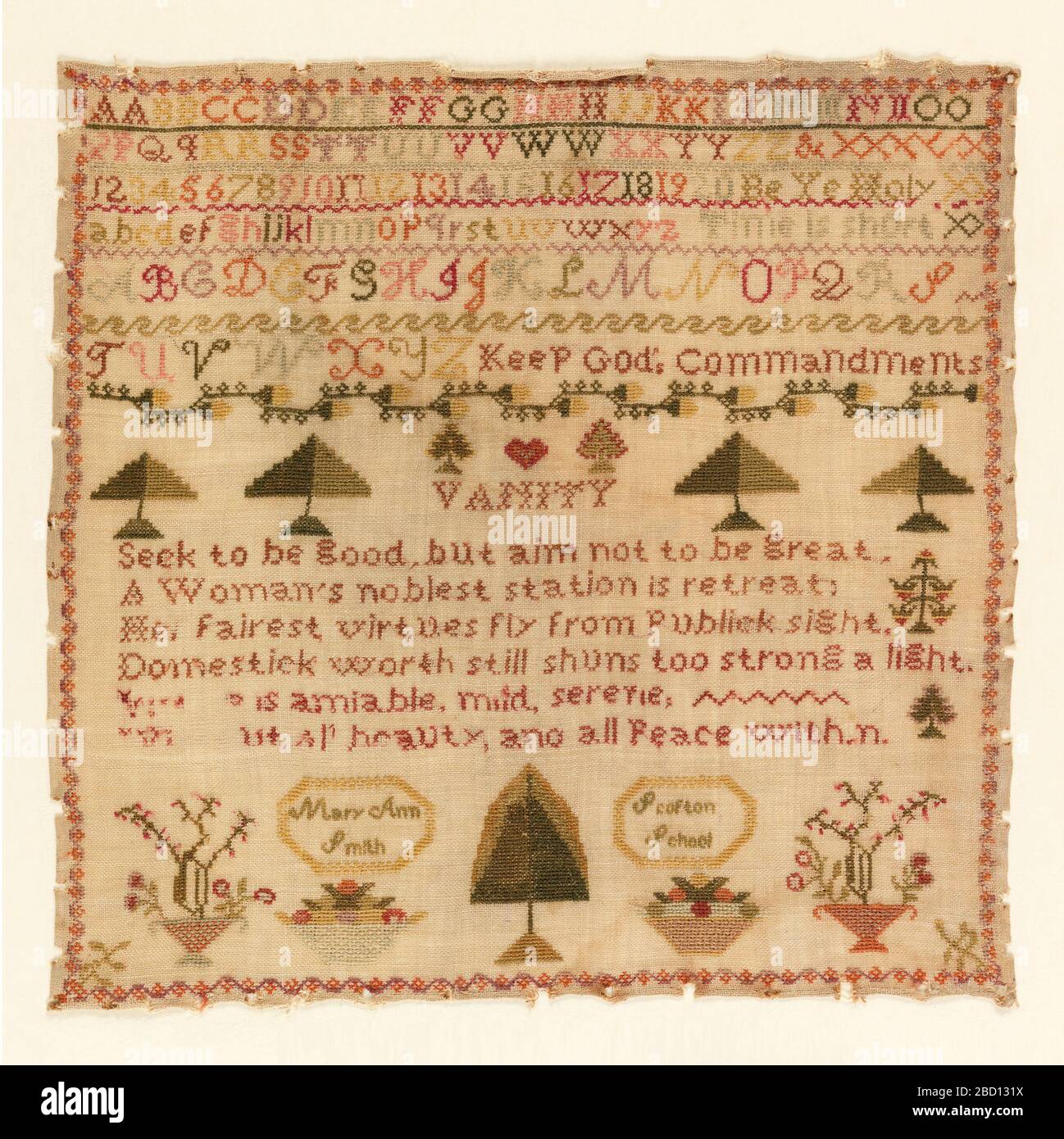 Sampler. Research in ProgressSeveral rows of alphabets and numerals, followed by a row of trees, and a verse:VanitySeek to be good, but aim not to be greatA woman's noblest station is retreatHer fairest virtues fly from publick sightDomestick worth still shuns too strong a lightWoman (?) Sampler Stock Photo
