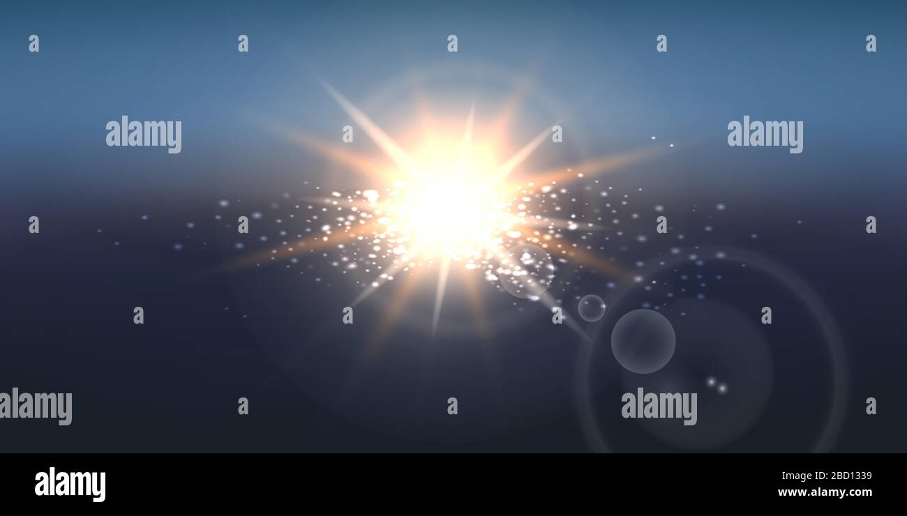Realistic Sun Burst on blue sky wide background. Vector illustration. Stock Vector