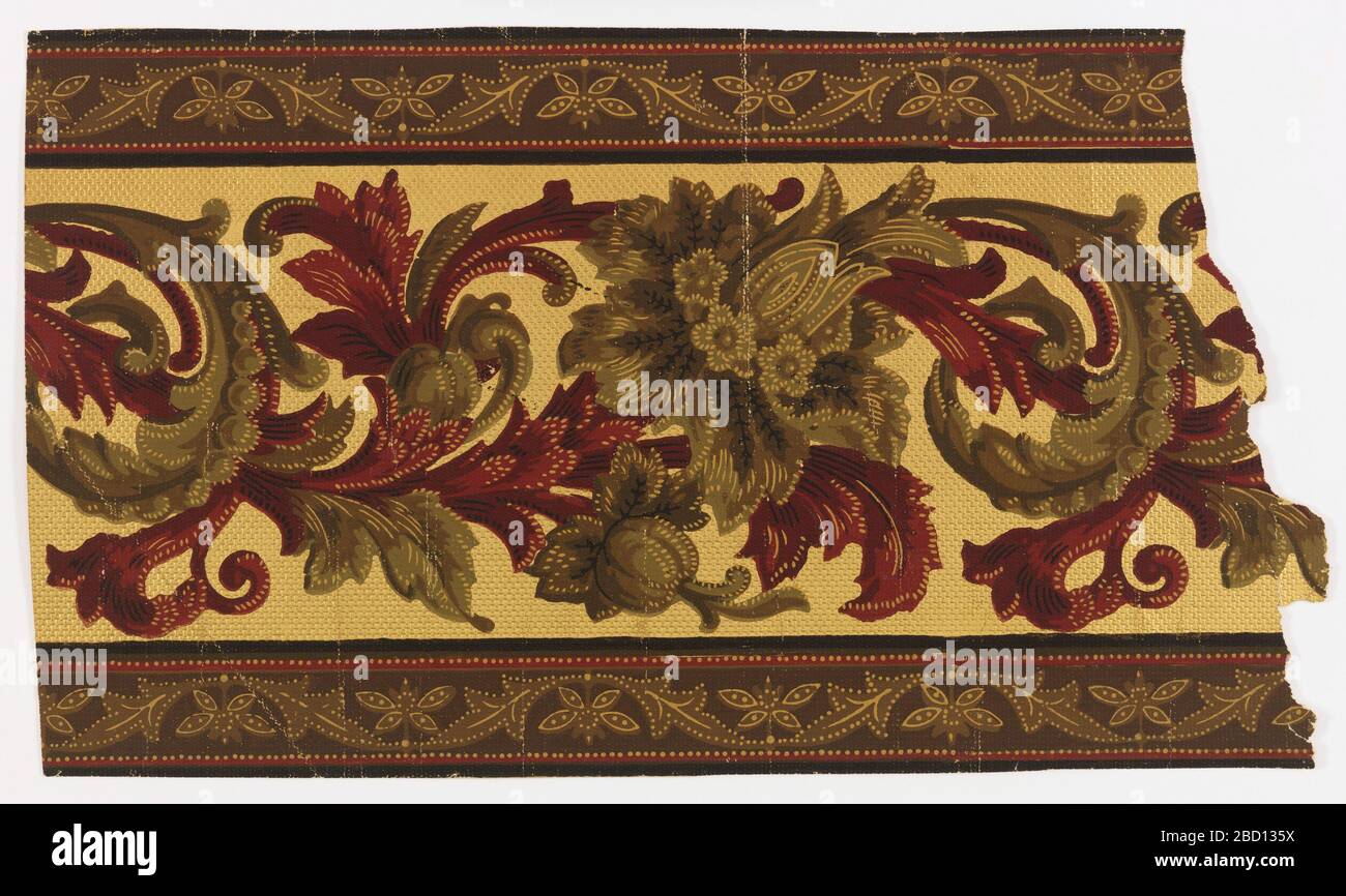 Border. Research in ProgressFrieze on paper embossed with textile weave pattern, brown, green and off-white floral motif interspersed with scrolled red and green foliage; top and bottom banding consists of brown ground, brown and off-white abstract flower and leaf motifs bordered in red Border Stock Photo