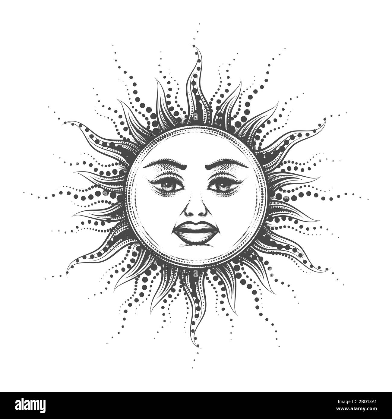 Medieval Esoteric Emblem of Sun with Human face Drawn in Vintage Engraving Style. Vector illustration. Stock Vector