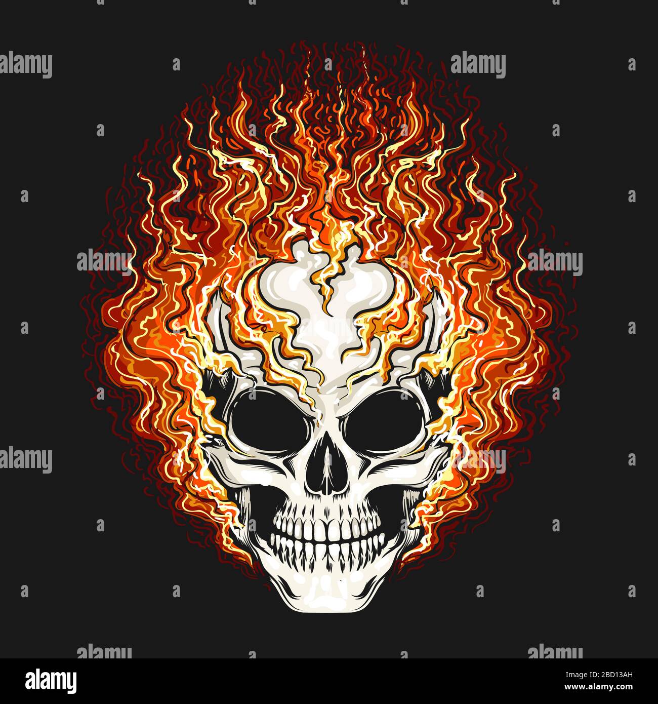 Hand drawn Smiling Skull in fire Flame on black background. Vector illustration. Stock Vector