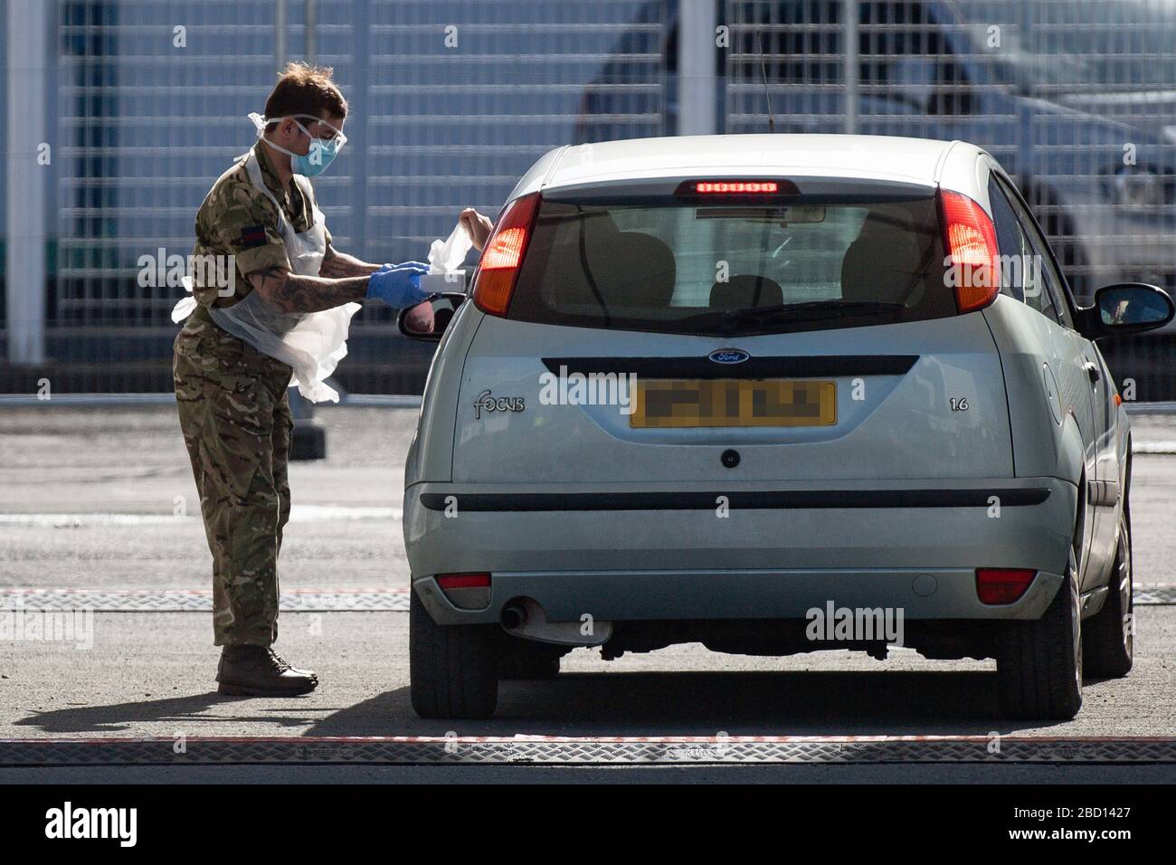 EDITORS NOTE: NUMBER PLATE PIXELATED BY PA PICTURE DESK Picture taken at 1020am of military personnel help administer Covid19 tests for NHS workers at Edgbaston cricket ground in Birmingham, as the UK continues in lockdown to help curb the spread of the coronavirus. Stock Photo