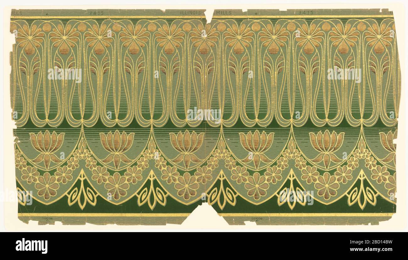 Frieze. Research in ProgressOn frieze, gray-green patterned ground, floral swag of metallic gold and bronze interspersed with water lilies on water-like ground; upper half consists of sinuous stems and flowers in bronze and gold. Frieze Stock Photo