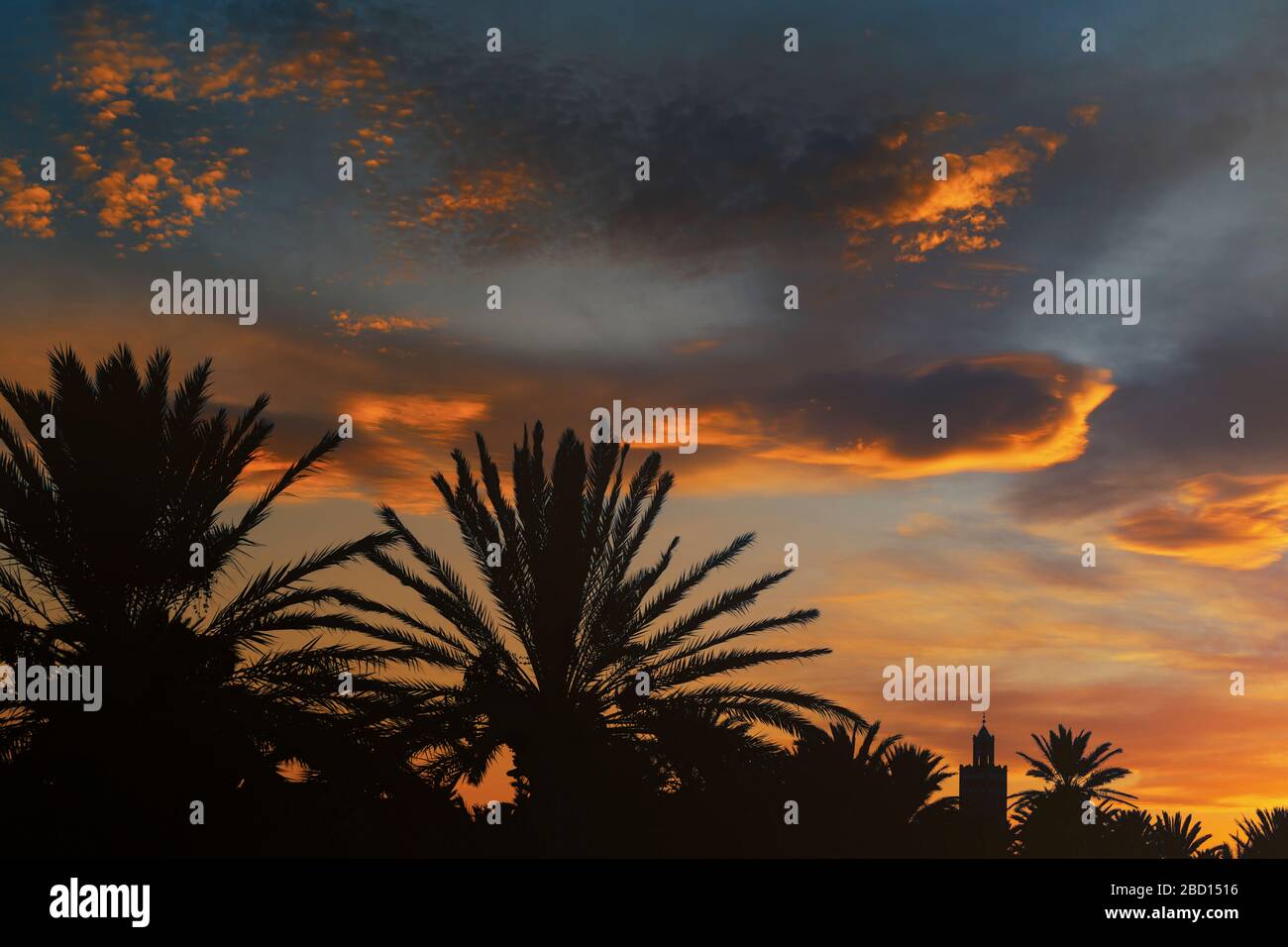 Silhouette of a minaret (mosque) and date palms against a beautiful colorful sky at sunset. In Ouarzazate, Morocco. Stock Photo