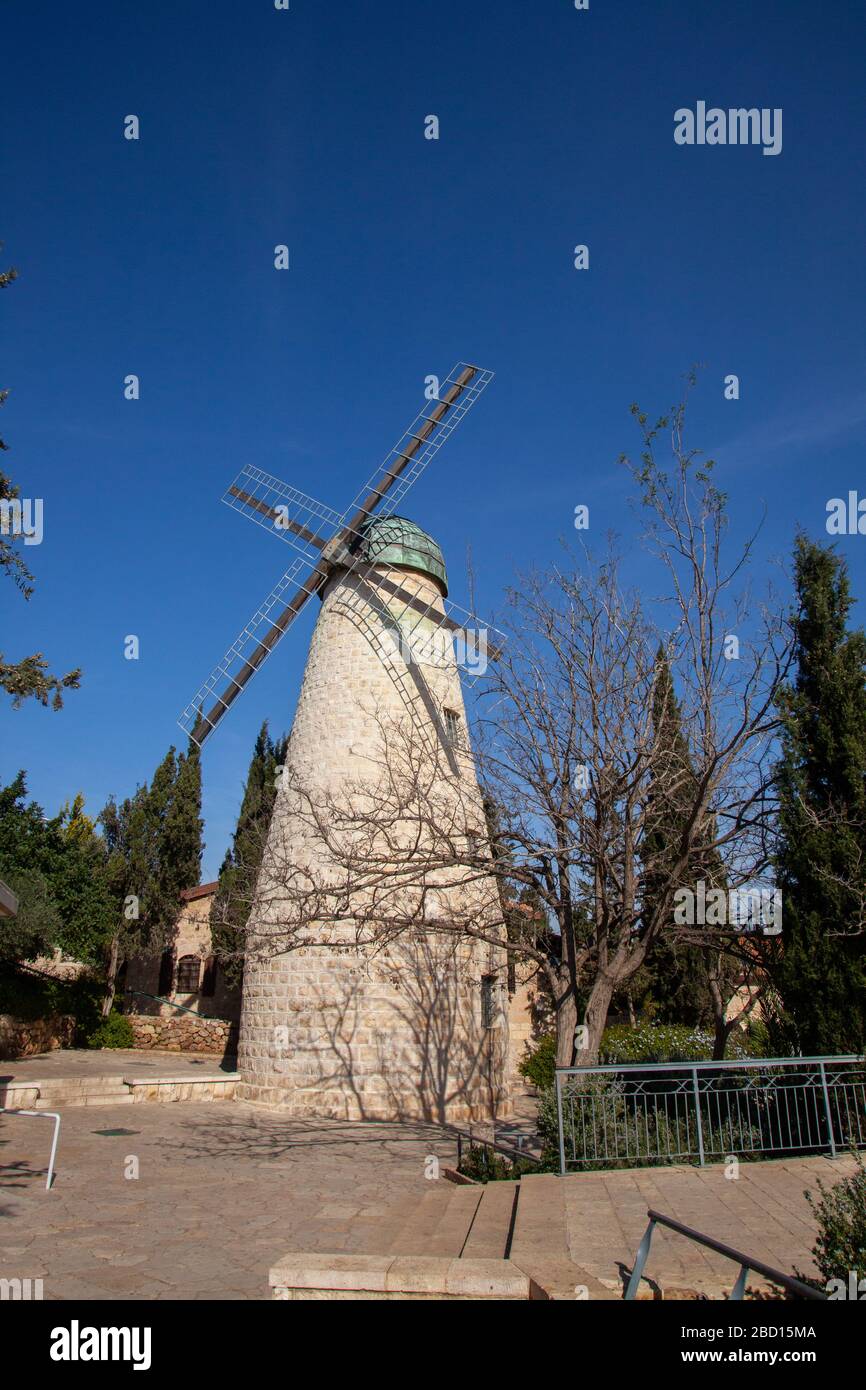 The windmill at Yemin Moshe, Jerusalem, Israel, the first Jewish residence built outside the Old City walls is named after Sir Moses Montefiore who es Stock Photo