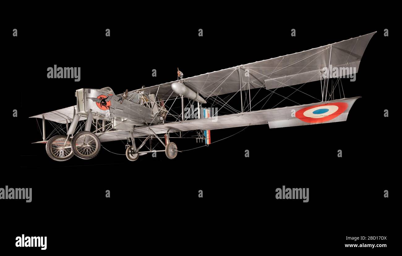 Voisin Type 8. Single-engine, two-seat French World War I pusher biplane bomber aircraft; 220 horsepower Peugeot 8Aa engine. Silver finish overall.Gabriel and Charles Voisin were among Europe's leading pioneer aviators. NASM2018-10173 Stock Photo