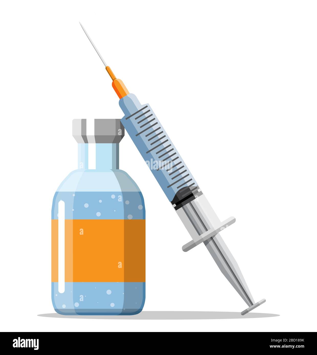 Ampoule and syringe with medicament. Vaccination concept. Injection syringe needles. Medical equipment. Healthcare, hospital and medical diagnostics. Vector illustration in flat style Stock Vector