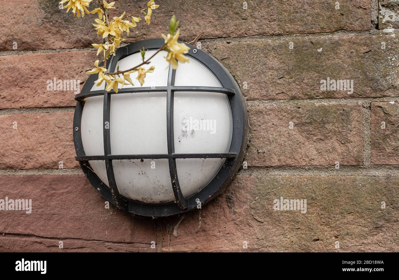 External lighting. White lampshade. Light on the boardwalk. A lamp on a brick wall. Stock Photo