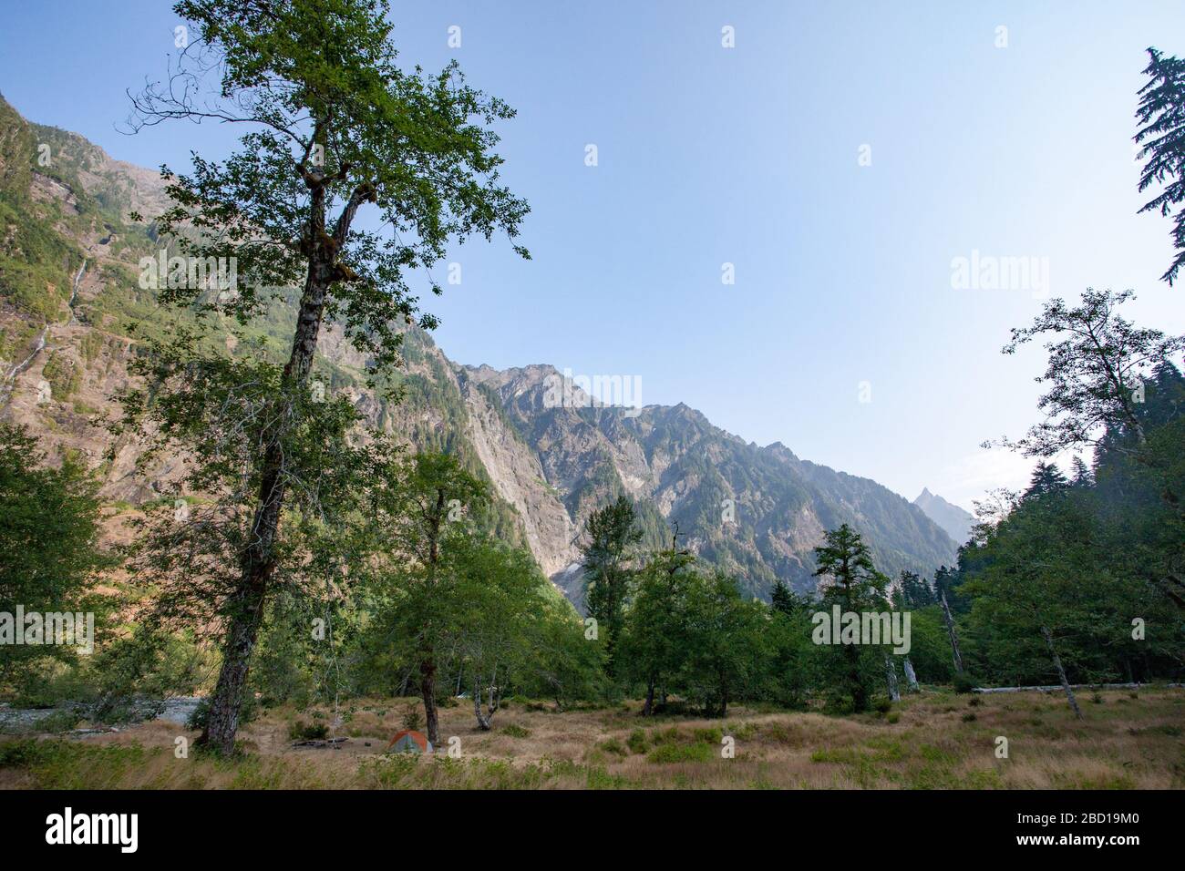 A small valley with sun-lit mountainsides and trees in the foreground Stock Photo