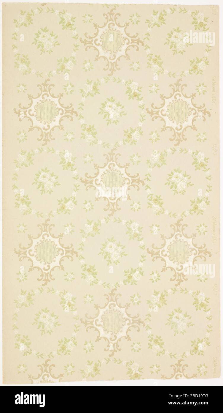 Ceiling paper. Research in ProgressAlternating foliate medallions and floral wreaths with rose centers between which are small, individual roses. Printed on cream ground in light greens, beige and white liquid mica. Ceiling paper Stock Photo