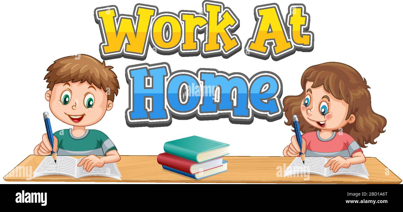 Work At Home Font Design With Two Kids Doing Homework Illustration Stock Vector Image Art Alamy