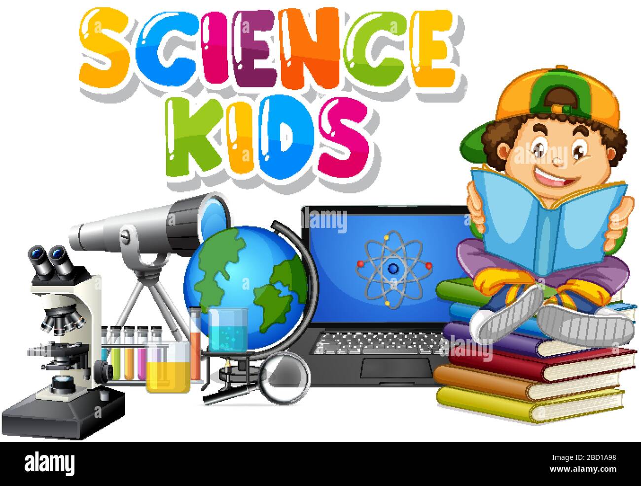 Font design for word science kids with boy reading book in background