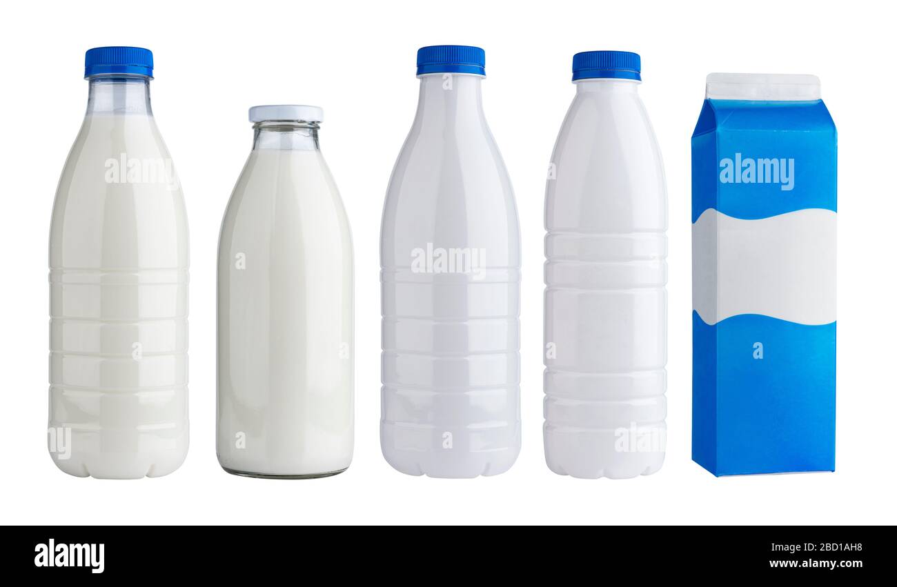Packaging for dairy products, plastic and glass bottles for milk isolated on white background Stock Photo
