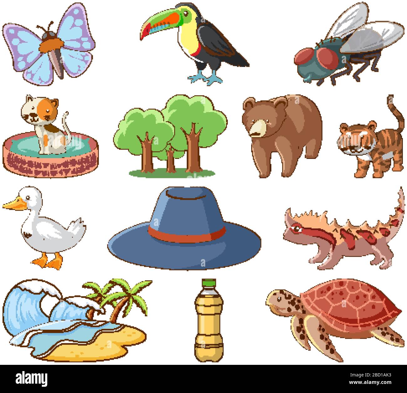 Set of many animals and nature things on white background illustration