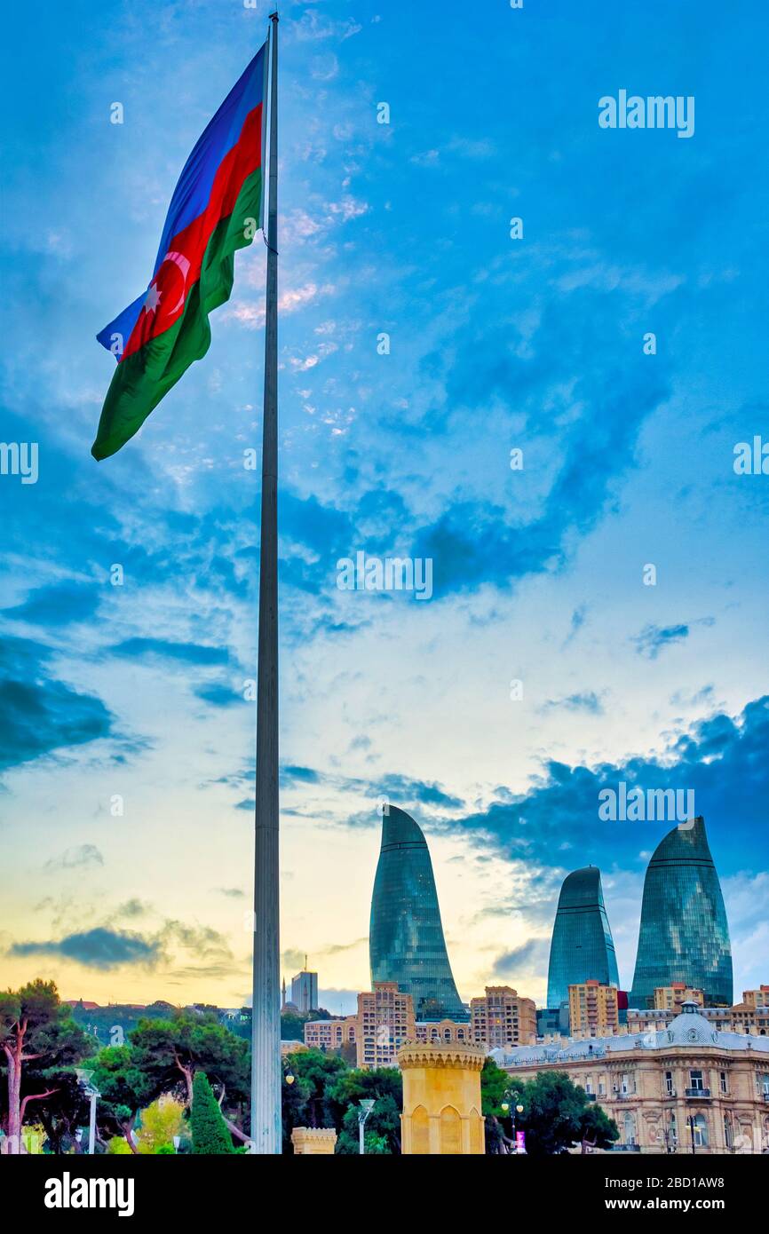Azerbaijani flag on the boulevard, Baku, Azerbaijan Stock Photo