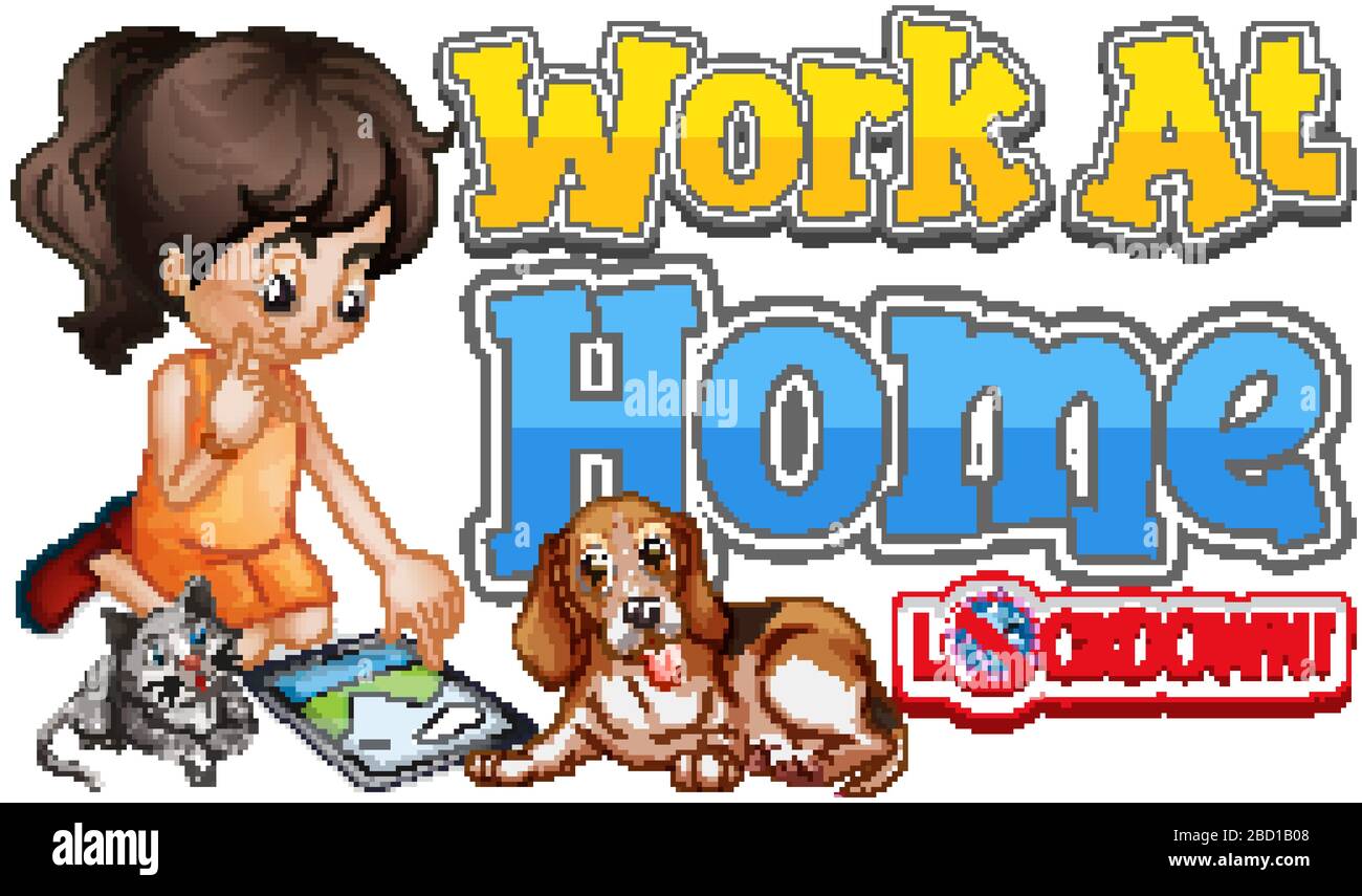 Font design for work from home with girl playing game illustration ...