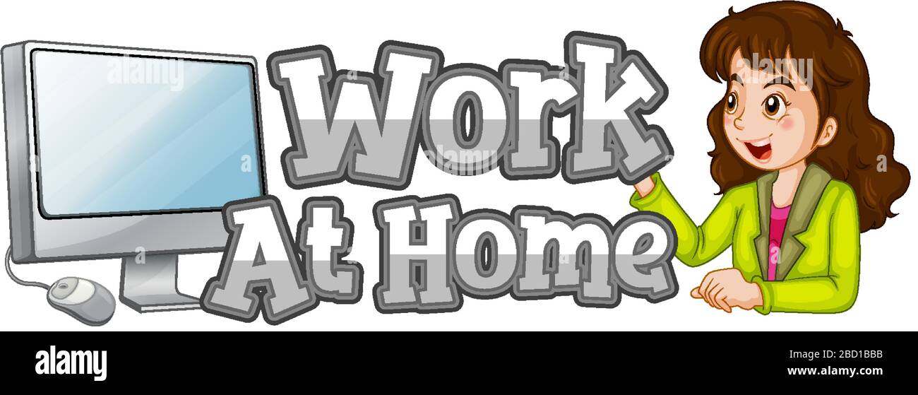 Work at home font design with businesswoman and computer illustration ...