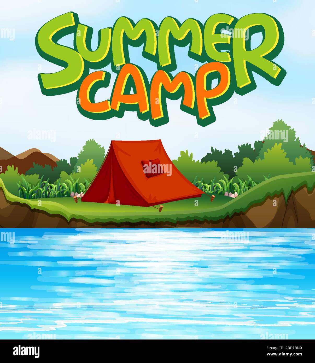 Scene background design for word summer camp with tent by the river  illustration Stock Vector Image & Art - Alamy