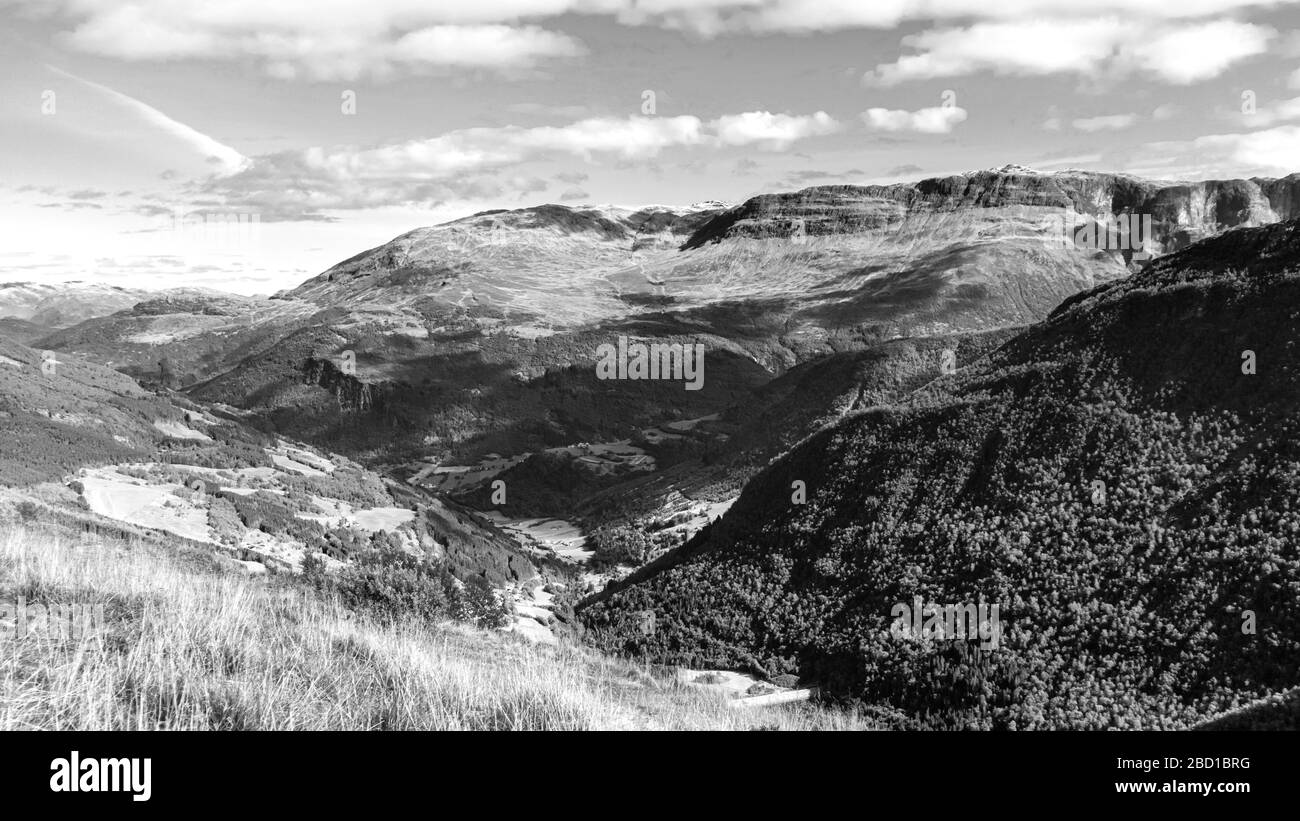 Scenic black and white norwegian mountains sunny day nature landscape. Picturesque valley view , travel Norway, scandinavian recreation viewpoint Stock Photo