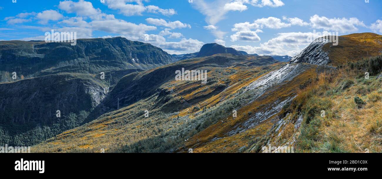 Scenic color graded panorama norwegian mountains sunny day nature landscape. Picturesque valley view , travel Norway, recreation viewpoint Stock Photo