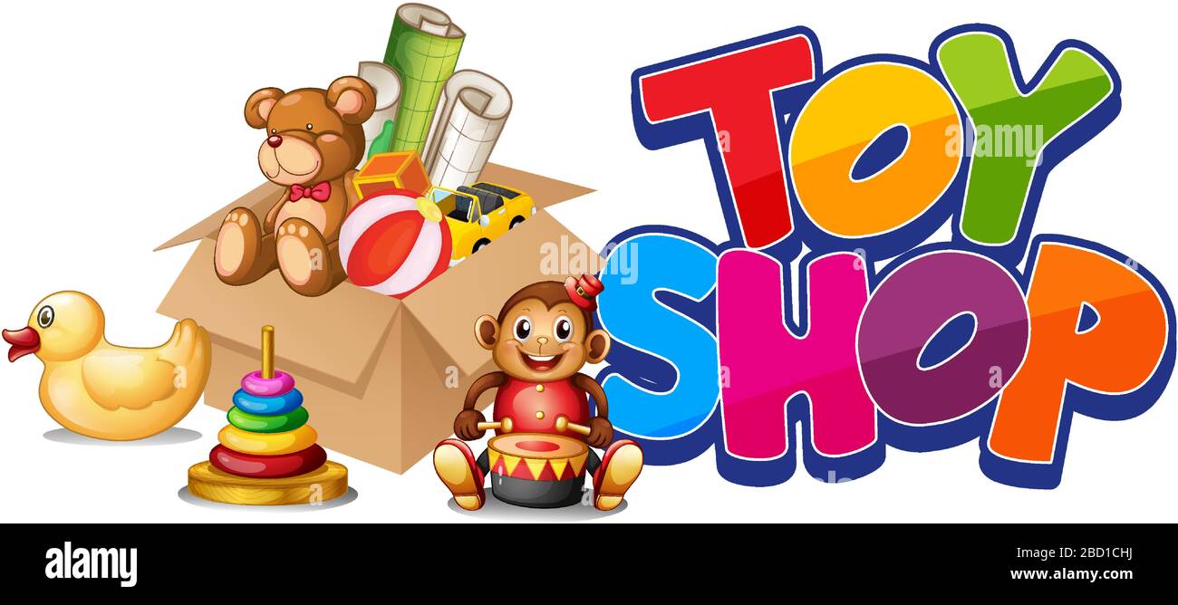 Font design for word toy shop with many toys in the shop illustration