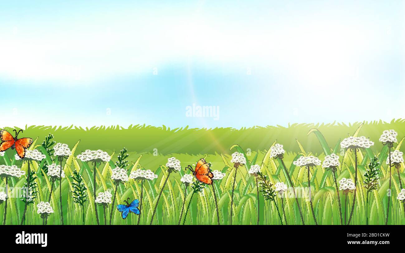 Nature scene background with butterflies in the garden illustration ...